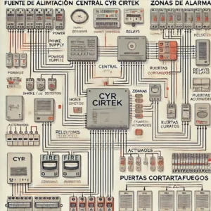 Los componentes clave incluyen la fuente de alimentación, detectores, relevadores, actuadores y zonas de alarma, entre otros. Las flechas indican las conexiones entre estos elementos