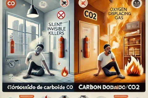 Infografía comparativa de Extintores A2J que explica la diferencia entre el Monóxido de Carbono (CO), el "asesino silencioso", y el Dióxido de Carbono (CO2), el "gas que desplaza el oxígeno", en un escenario de incendio. La imagen muestra los riesgos específicos, efectos en la salud (asfixia, toxicidad), símbolos de peligro y extintores recomendados para cada caso.