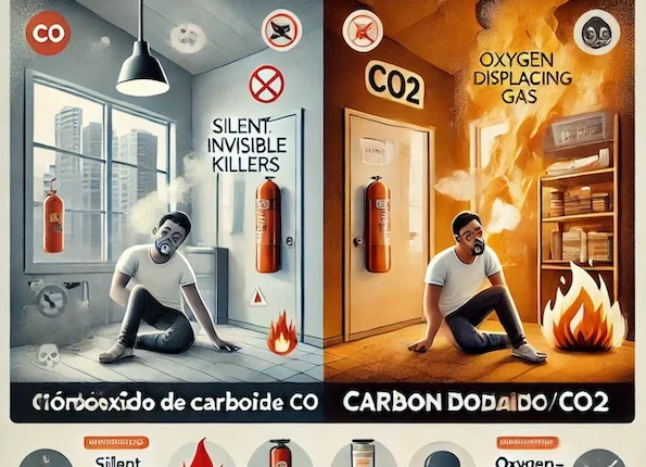 Infografía comparativa de Extintores A2J que explica la diferencia entre el Monóxido de Carbono (CO), el "asesino silencioso", y el Dióxido de Carbono (CO2), el "gas que desplaza el oxígeno", en un escenario de incendio. La imagen muestra los riesgos específicos, efectos en la salud (asfixia, toxicidad), símbolos de peligro y extintores recomendados para cada caso.