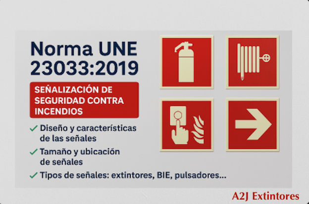 La Norma UNE 23033 establece los criterios para el diseño, características y aplicación de señales de seguridad contra incendios.