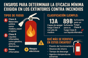 Los extintores deben superar ensayos normalizados que determinan su eficacia mínima según la clase de fuego para la que están destinados.