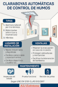 Las Claraboyas Automáticas de Control de Humos permiten evacuación más segura, protegen la estructura y mejorar la intervención de bomberos