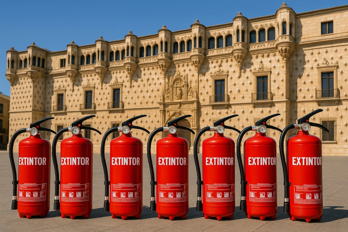 Imagen donde se ve el palacio del infantado en Extintores A2J Guadalajara al fondo y unos extintores rojos con nombre extintor colocados sobre el suelo