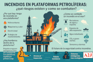 Estos lugares son como auténticas fábricas flotantes donde se maneja petróleo, gas y productos químicos… todo lo necesario para que un fuego pueda convertirse en algo muy serio si no se controla a tiempo.