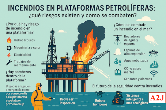 Estos lugares son como auténticas fábricas flotantes donde se maneja petróleo, gas y productos químicos… todo lo necesario para que un fuego pueda convertirse en algo muy serio si no se controla a tiempo.