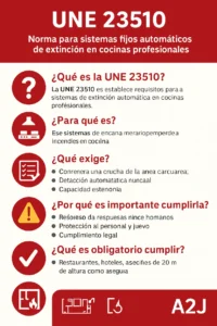 La UNE 23510 establece requisitos mínimos para sistemas fijos automáticos de extinción en cocinas profesionales.