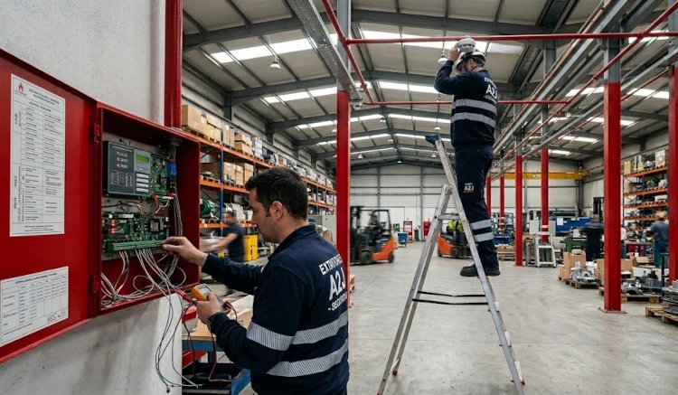 Instalación de sistema de detección y alarma contra incendios en nave industrial Técnicos de A2J Seguridad realizando la instalación de una central de alarma y detector de humo en una nave industrial en Guadalajara