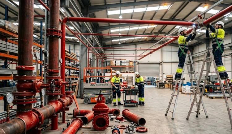 Técnicos instalando sistemas contra incendios en Guadalajara con tuberías y rociadores en nave industrial