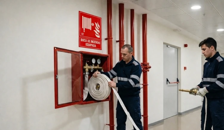 Técnicos realizando mantenimiento de instalaciones contra incendios en Guadalajara con BIE y manguera
