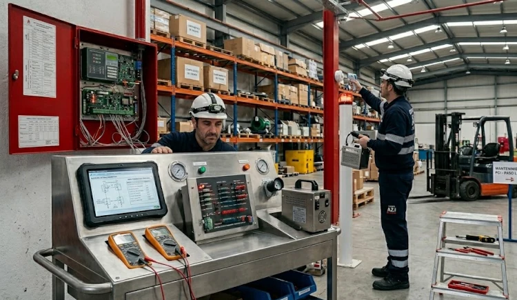 Revisión técnica y mantenimiento de sistemas de alarma contra incendios Técnicos realizando revisiones periódicas y pruebas de funcionamiento en una central de alarma contra incendios en una nave industrial de Guadalajara